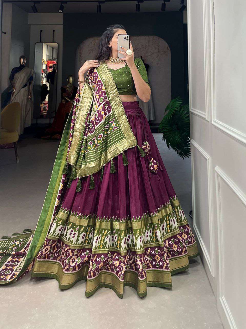 Women's Tussar Silk Patola Print Lehenga Choli Dupatta Set