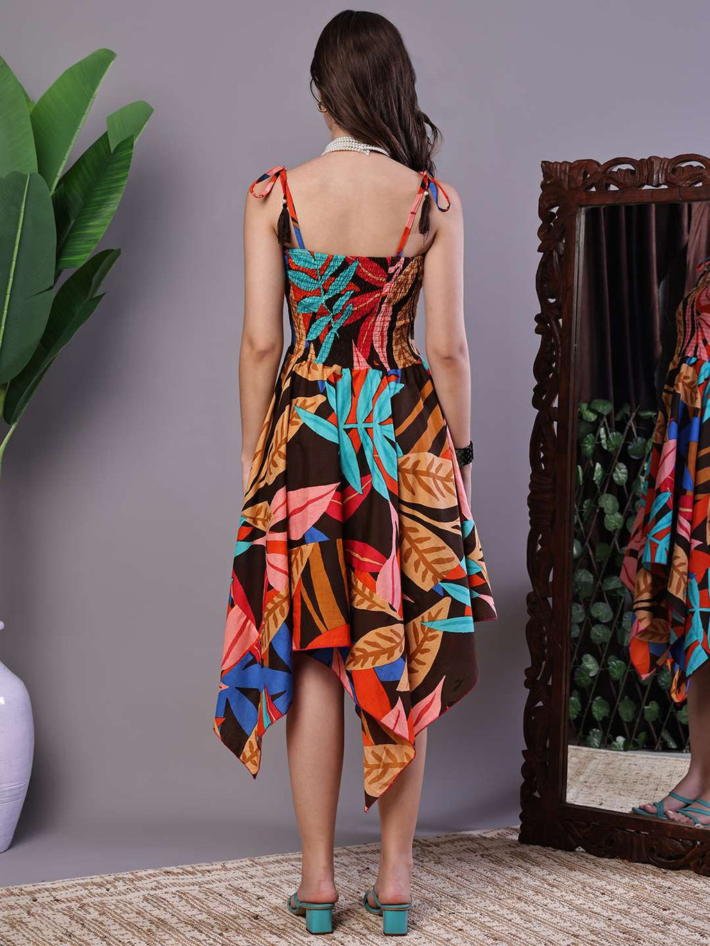 Women's MultiColor Abstract Print Cotton Handkerchief Hem Dress Midi Dresses
