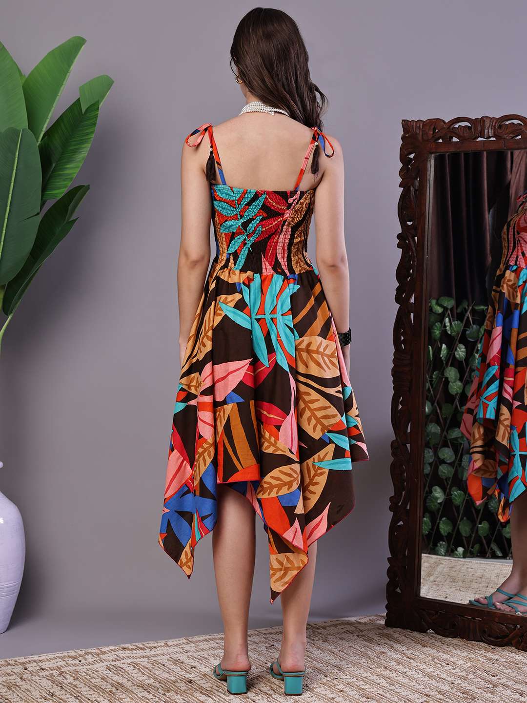 Women's MultiColor Abstract Print Cotton Handkerchief Hem Dress Midi Dresses