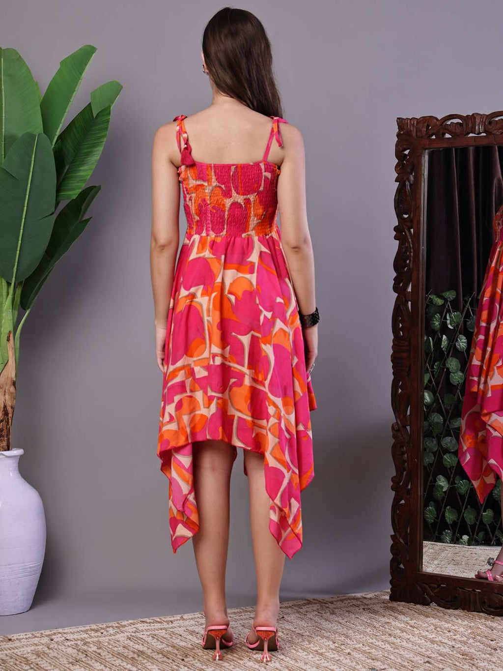 Women's Orange & Pink Printed Cotton Handkerchief Hem Dress Midi Dresses