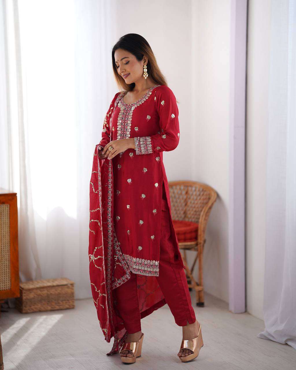 Women's Chinon Silk Embroidered Straight Kurti with Pant And Dupatta Set