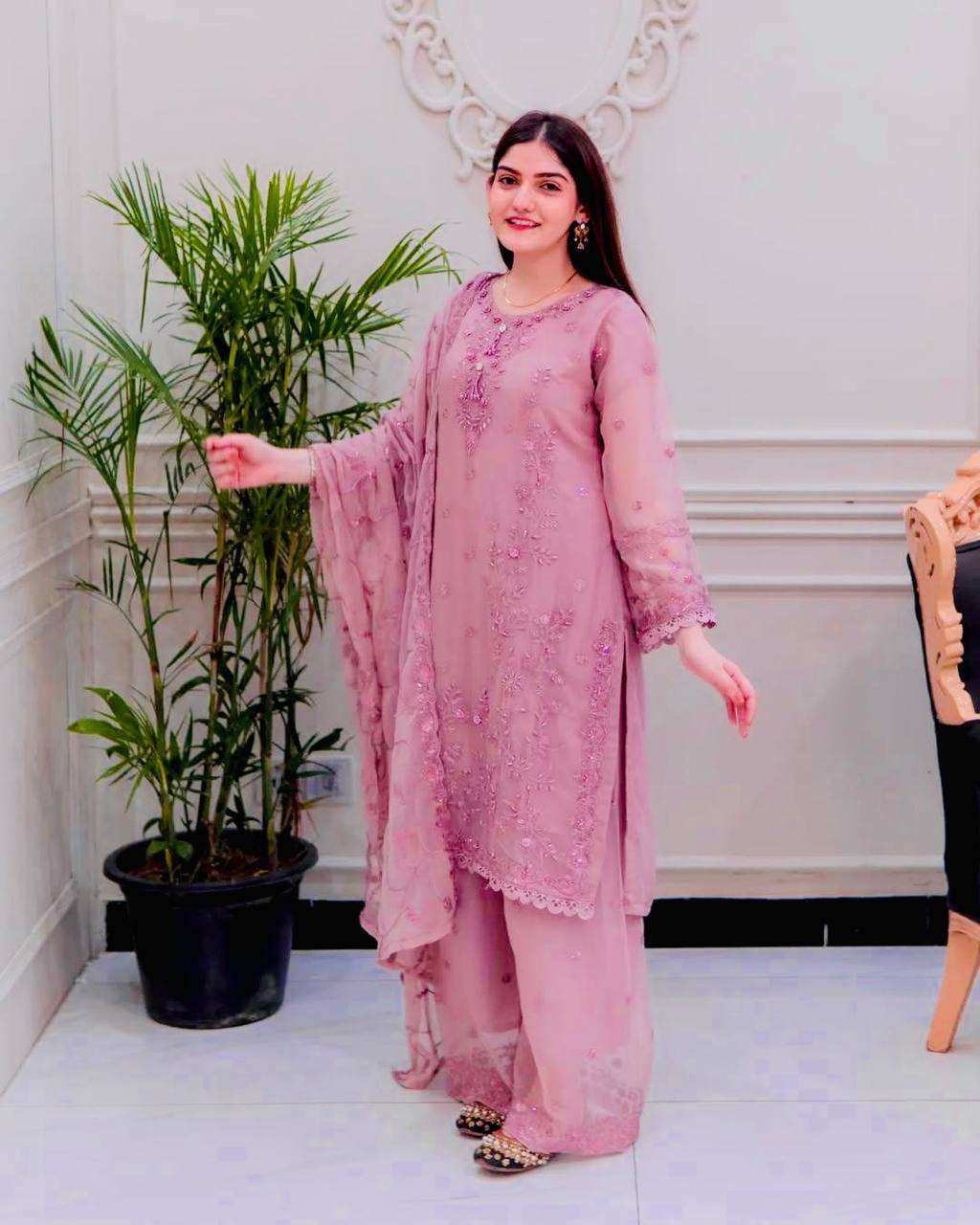 Women's Faux Georgette Embroidery work Straight Kurti With Pant and Dupatta Set