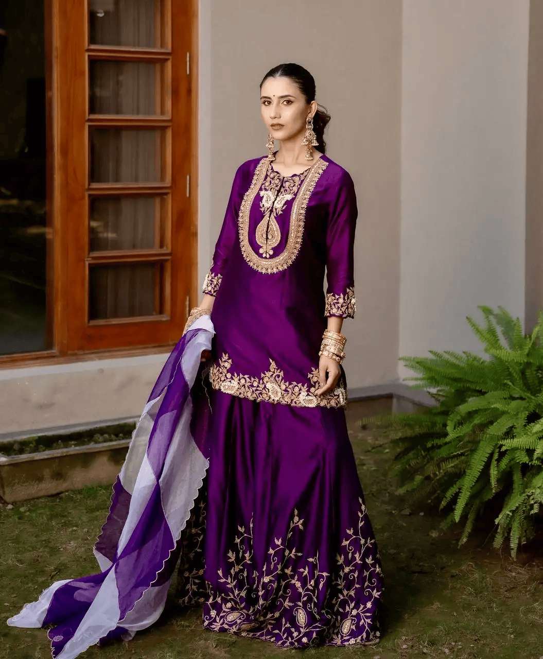 Women's Chinon Silk Sequence Embroidery Work Straight Kurti With Sharara Suit and Dupatta Set