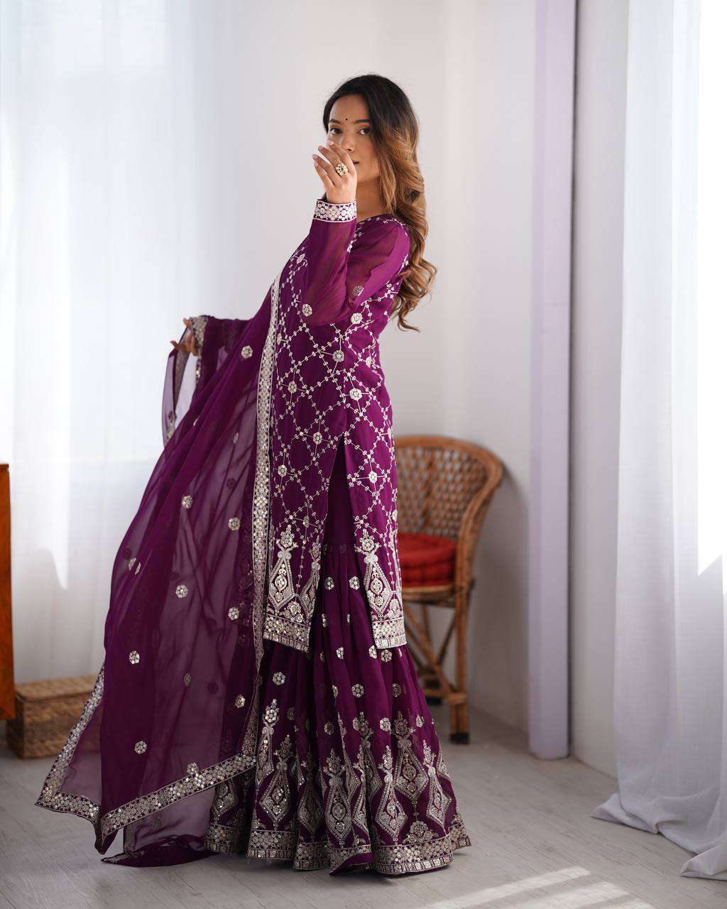 Women's Georgette Embroidery Work Straight Kurta With Sharara Suit and Dupatta Set
