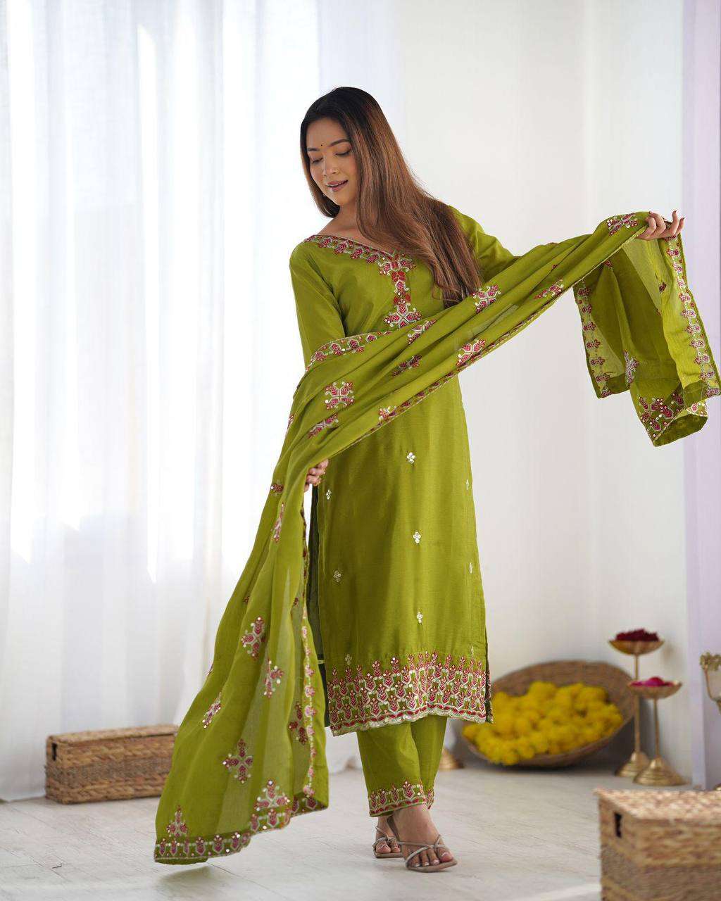 Women's Chinnon Silk Embroidery Sequence Work and Lace Work Straight Kurti With Pant and Dupatta