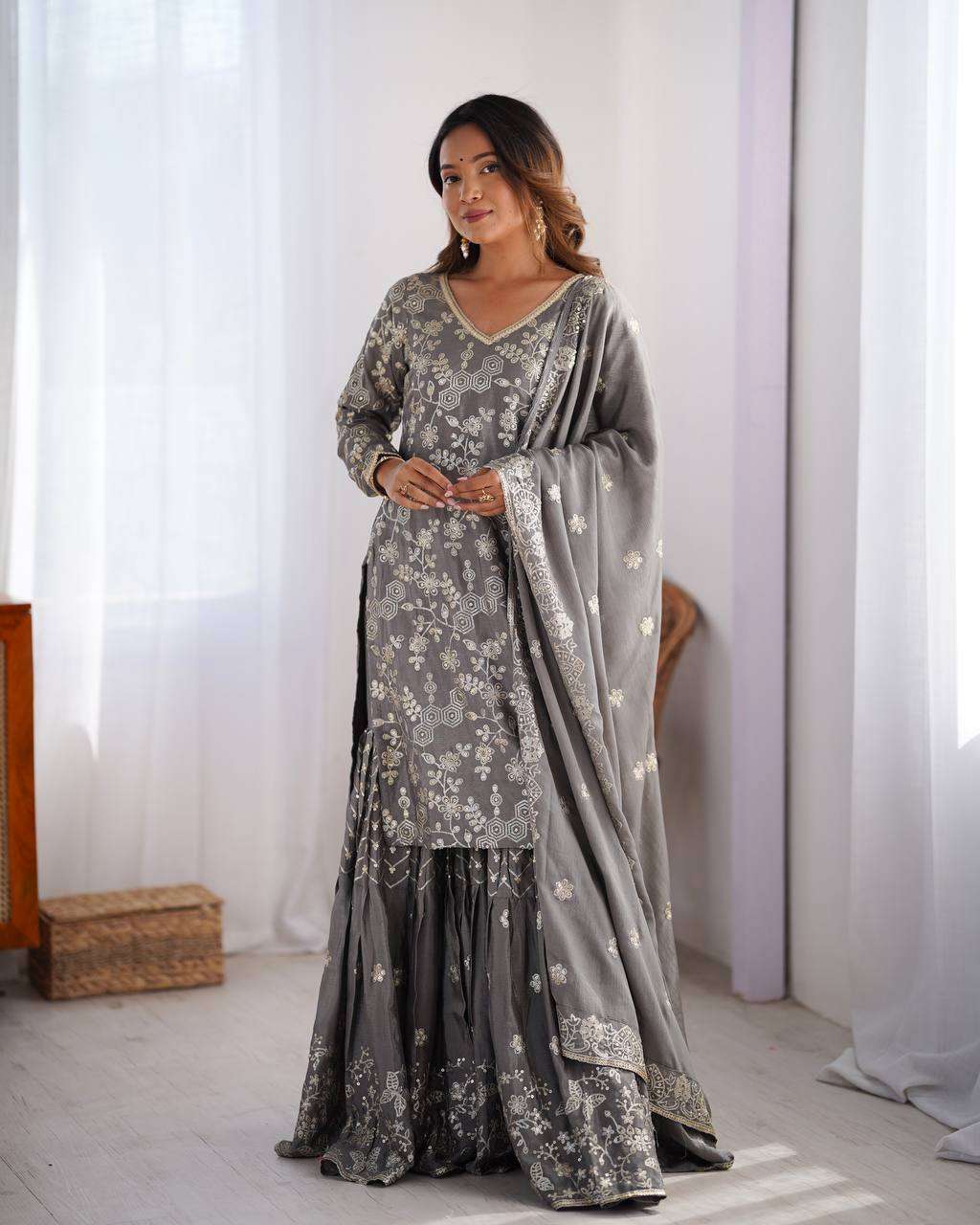Women's Chinon Silk Embroidery Sequence Work Straight Kurti With Sharara Suit and Dupatta Set