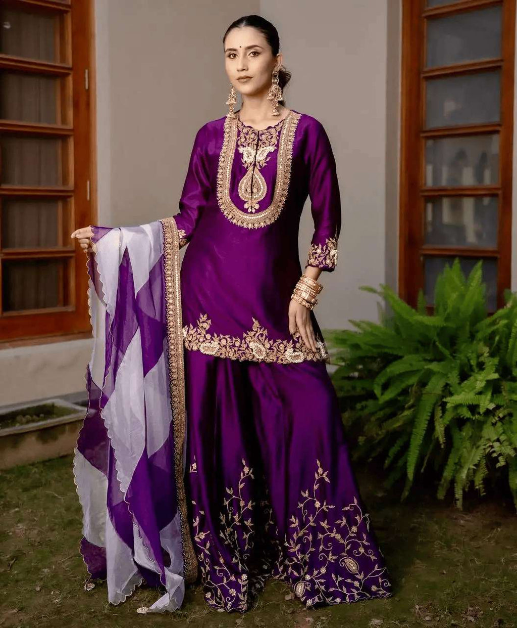 Women's Chinon Silk Sequence Embroidery Work Straight Kurti With Sharara Suit and Dupatta Set