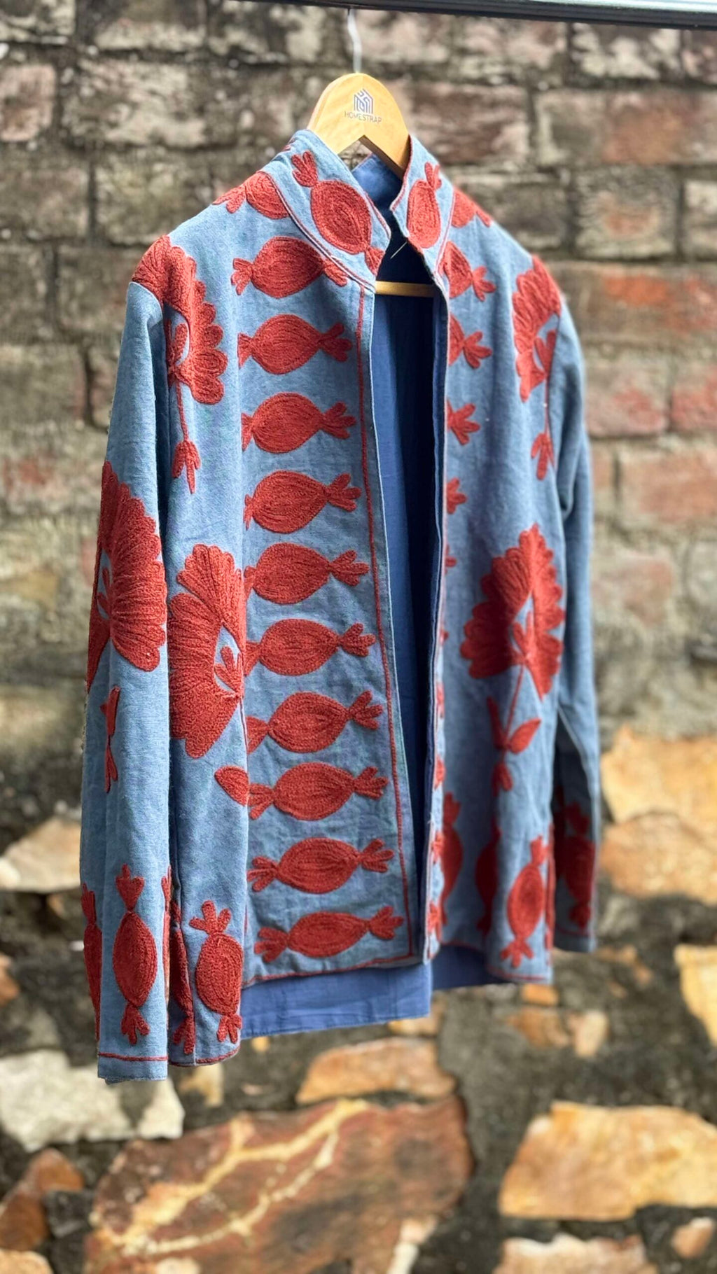Womens Light Blue Velvet Embroidered Jacket with Floral Design