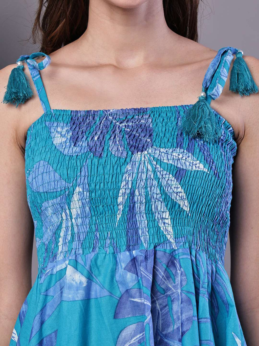 Women's Blue Printed Asymmetrical Hem Smocked A-Line Dress Midi Dresses