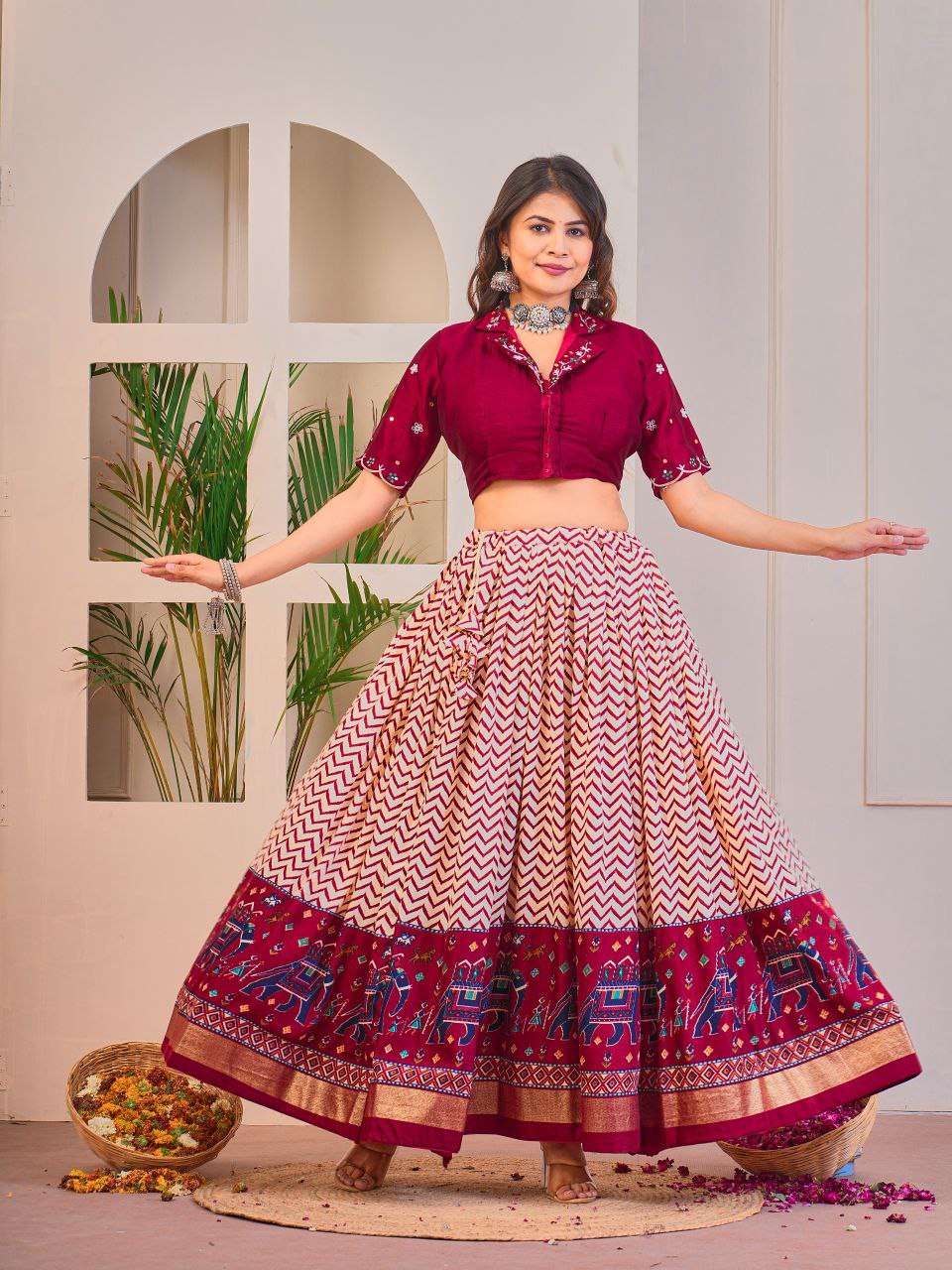Women's Tussar Silk Patola Print Lehenga Choli Set with Foil Work