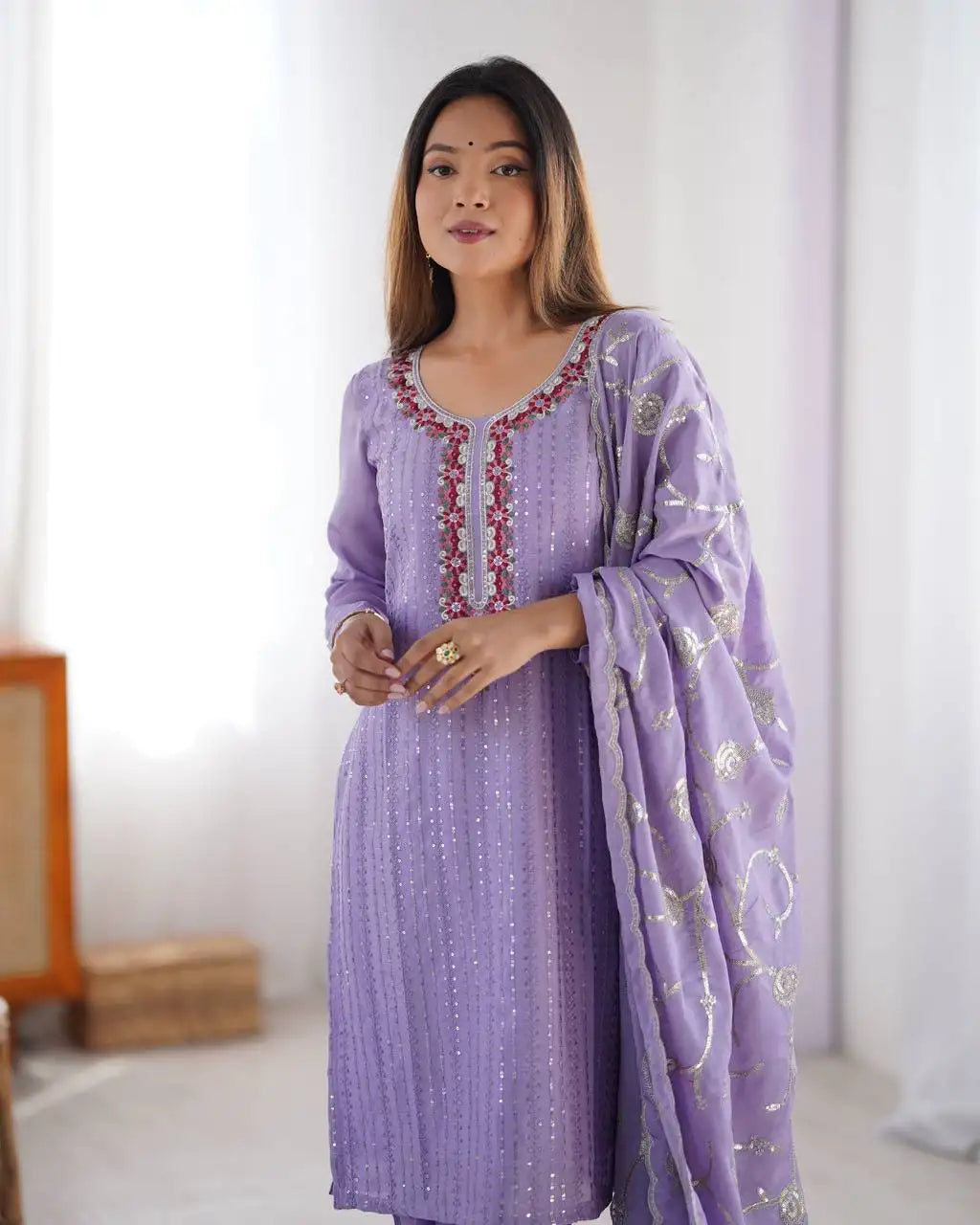 Women's Chinon Silk Sequence And Thread Work Straight Kurti With Pant and Dupatta Set
