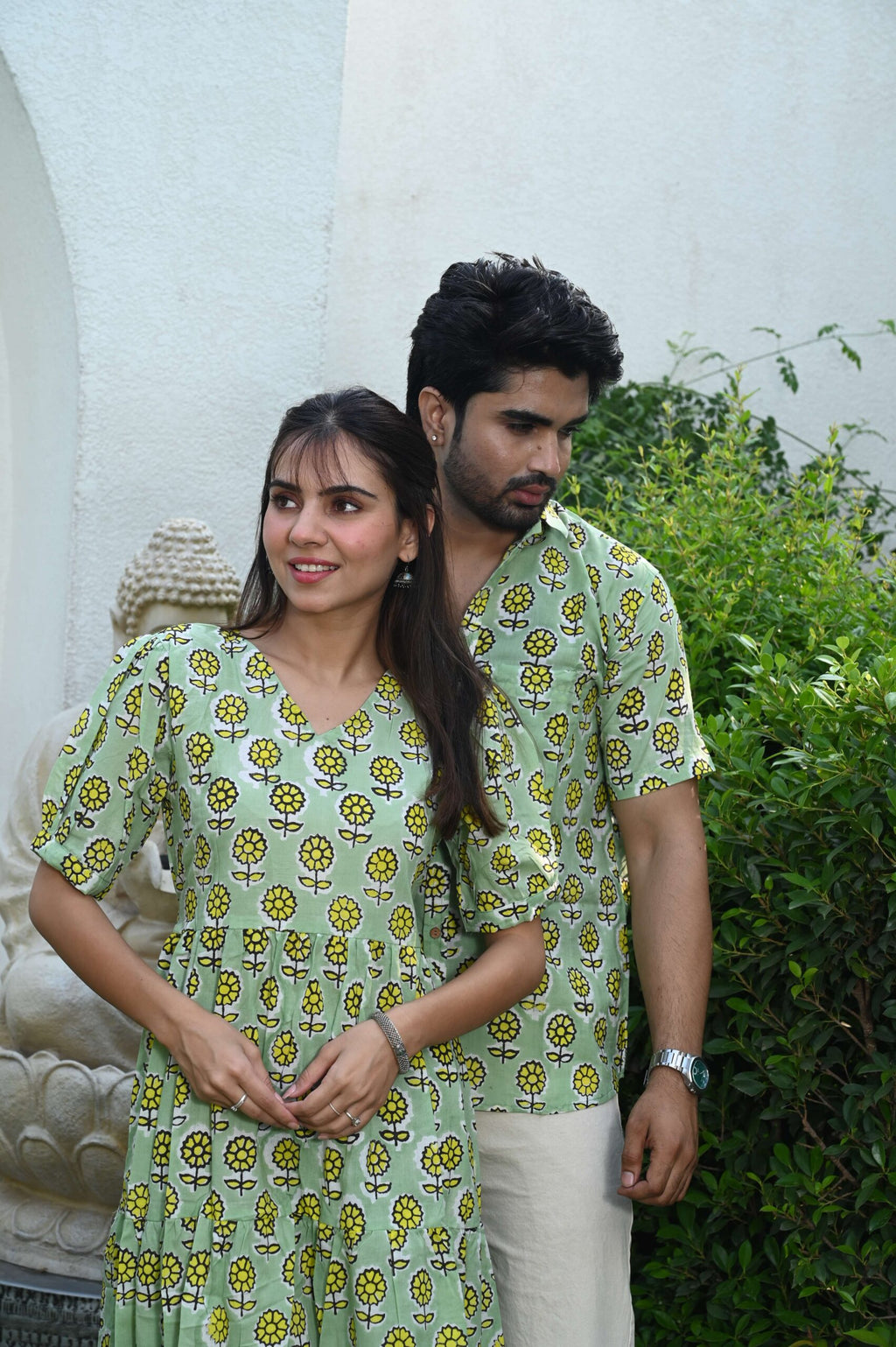 Couple Matching Light Green Printed Cotton Anarkali Midi Dress & Shirt Set ? Summer Casual Wear