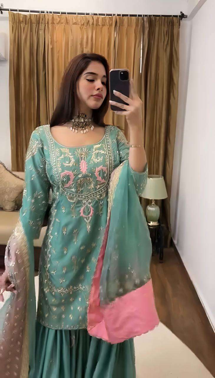 Women's Chinon Silk Heavy Embroidery Straight Kurta With Sharara and Dupatta set
