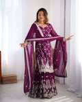 Women's Georgette Embroidery Work Straight Kurta With Sharara Suit and Dupatta Set