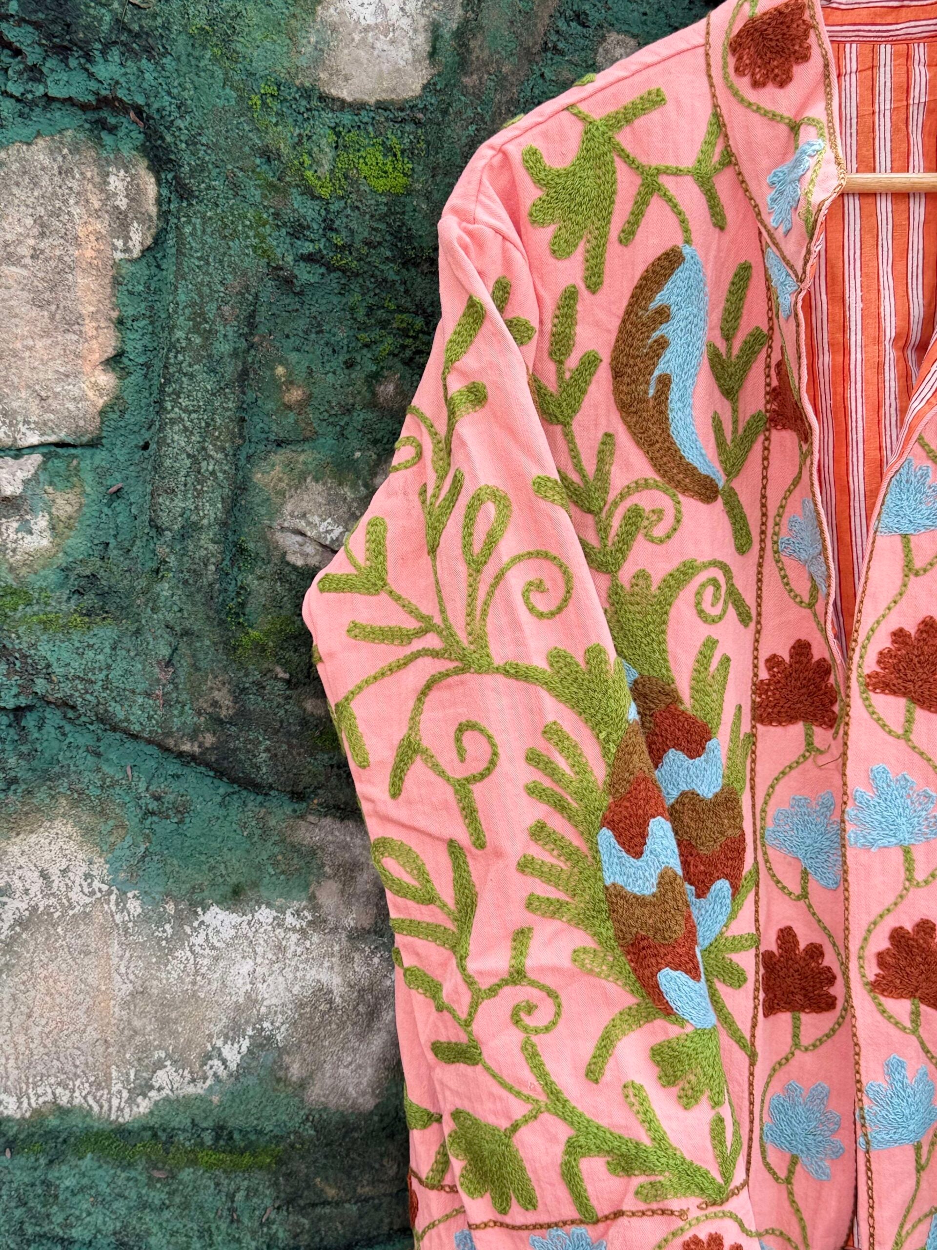 Womens Light Pink Velvet Embroidered Jacket with Floral Design