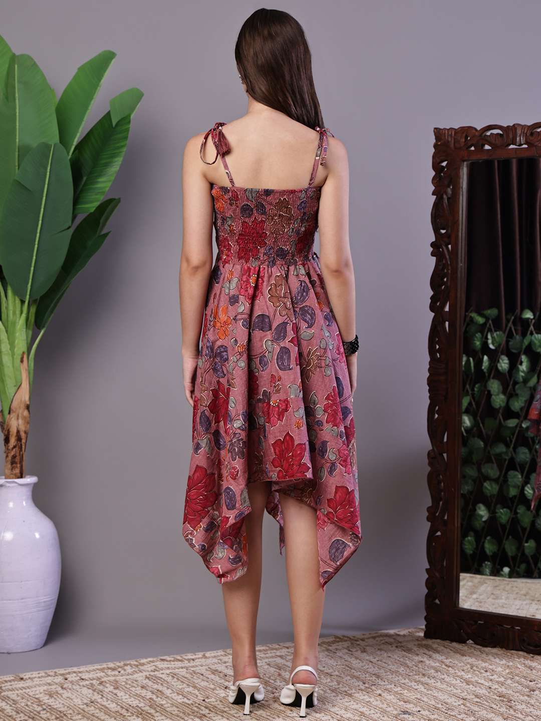 Women's Maroon Floral Printed Cotton Handkerchief Hem Midi Dress