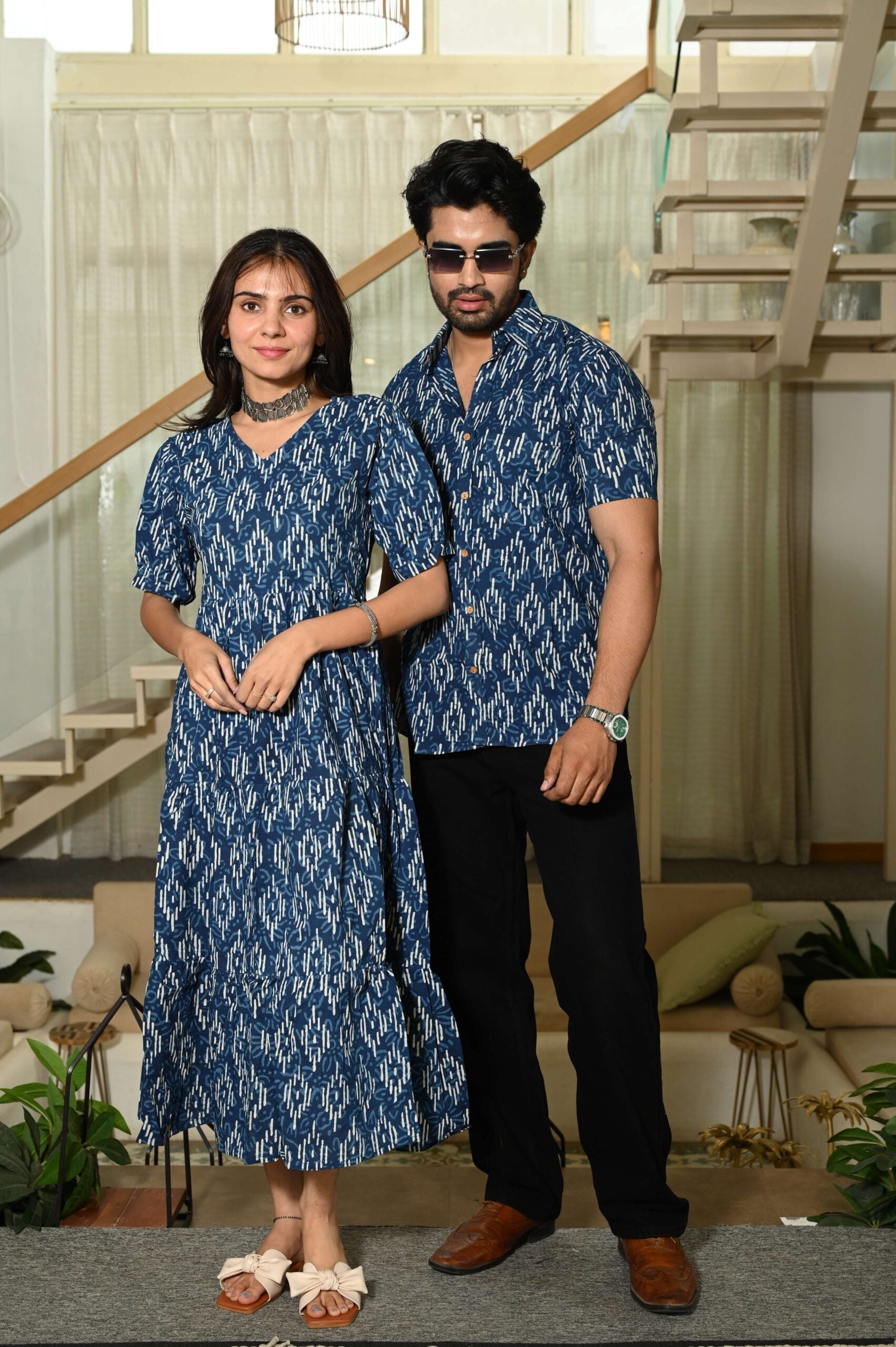 Couple Matching Blue Ikat Print Cotton Anarkali Midi Dress and Shirt Set