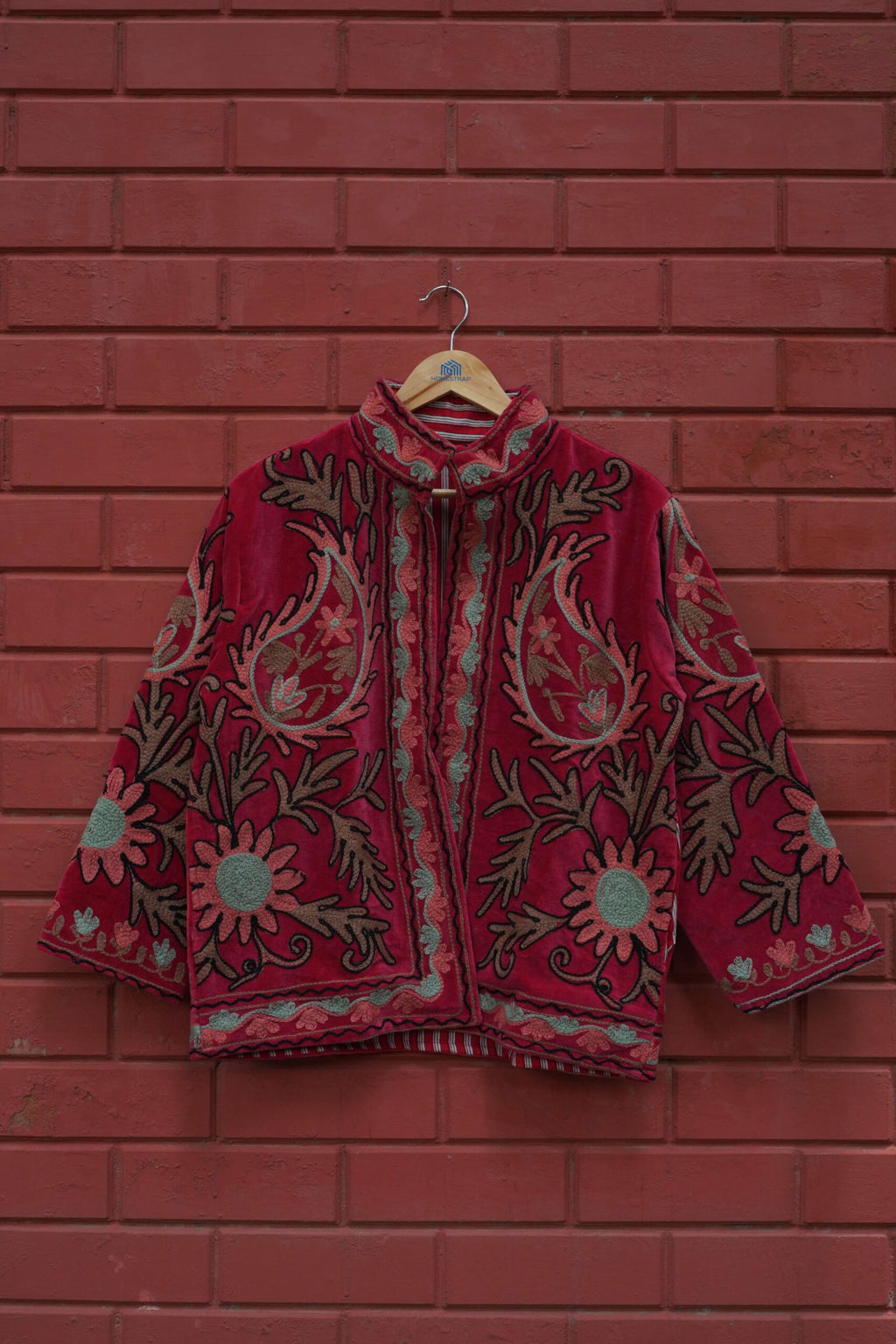 Womens Red Velvet Embroidered Jacket with Floral Design