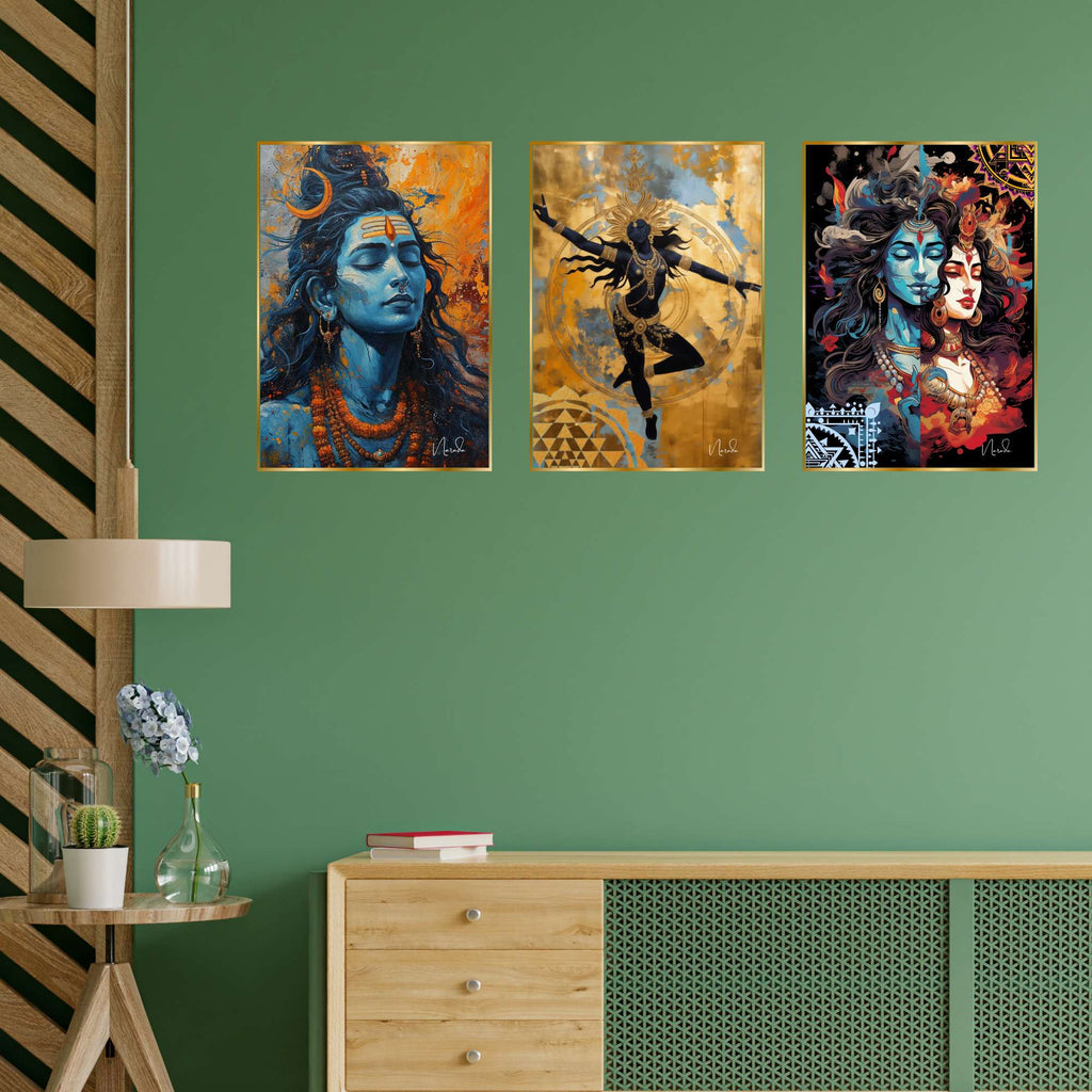 Set of Three Wall Paintings for Wall Dacoration Golden Framed Wall Paintings for Living Room & Bedroom Wall Art for Home Decoration & Office Wall Décor (24x18 inch CH-GD3-2)