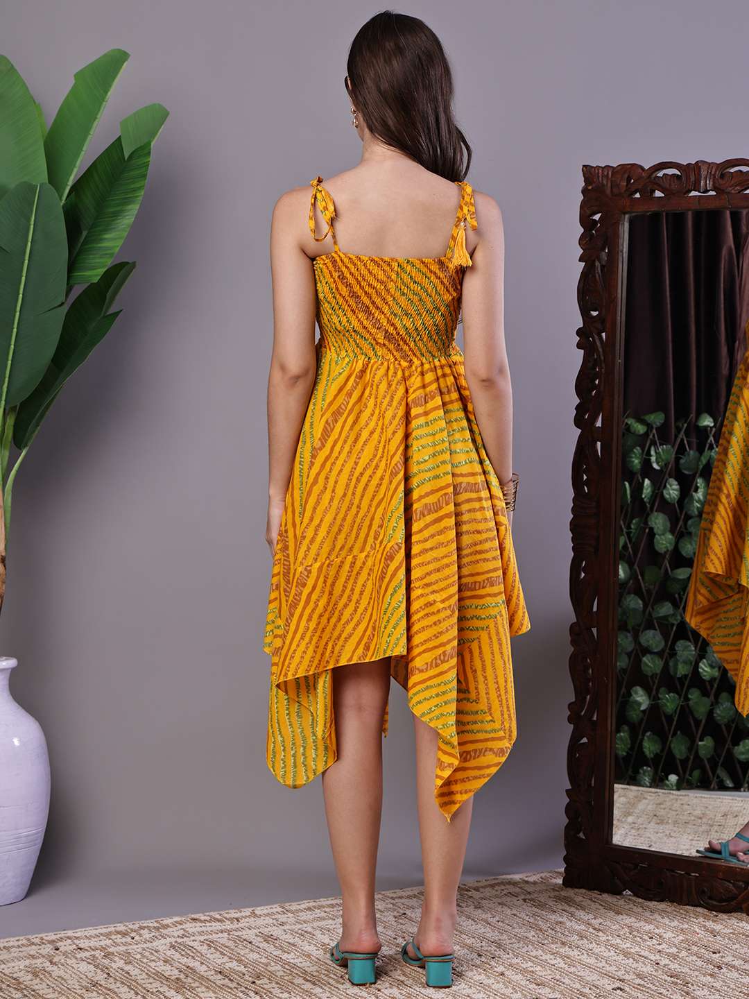 Women's Multicolor Abstract Printed Cotton Handkerchief Hem Dress Midi Dresses
