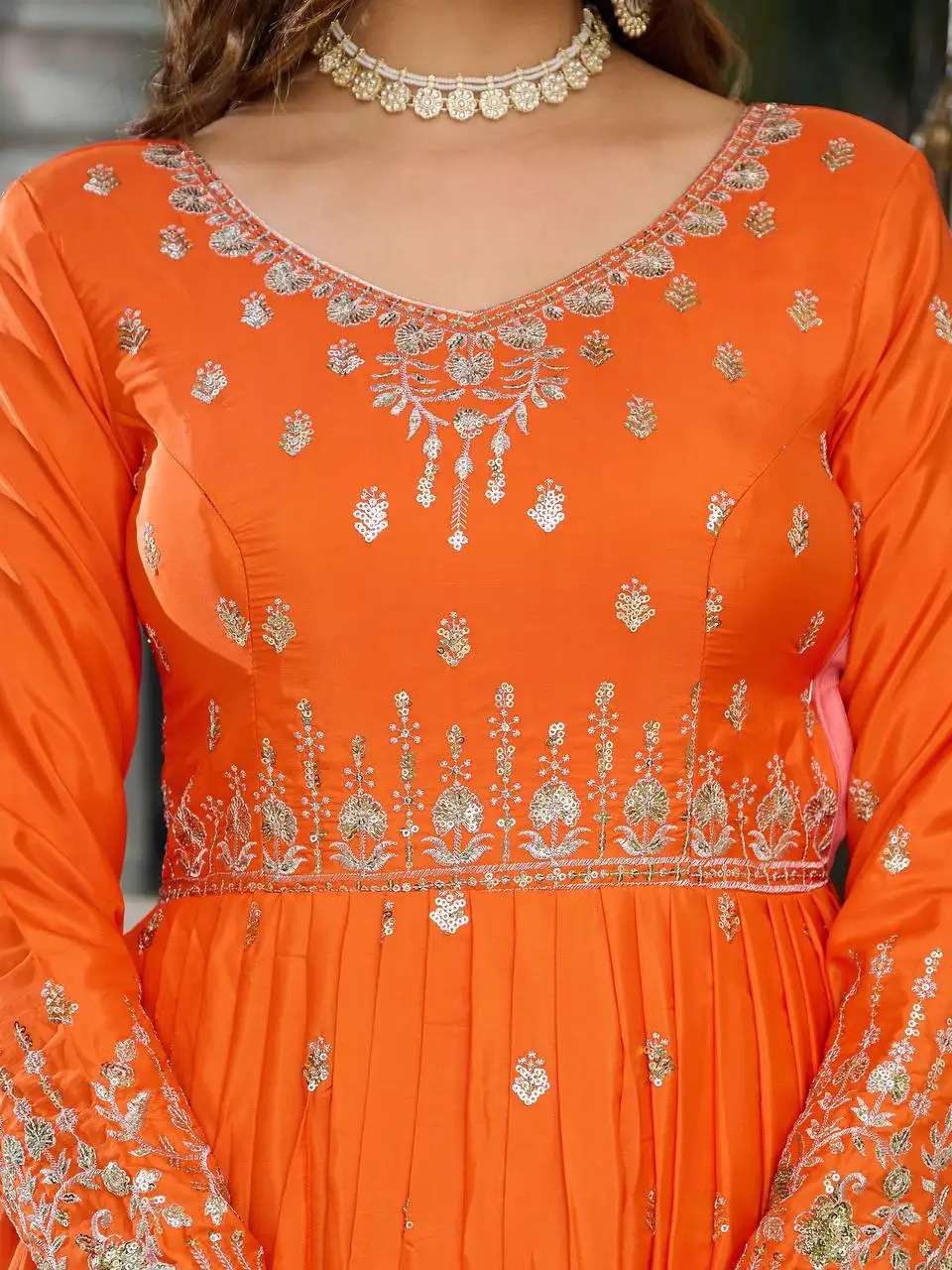 Women's American Silk Sequence Embroidery Long Anarkali Kurti (Gown) With Dupatta