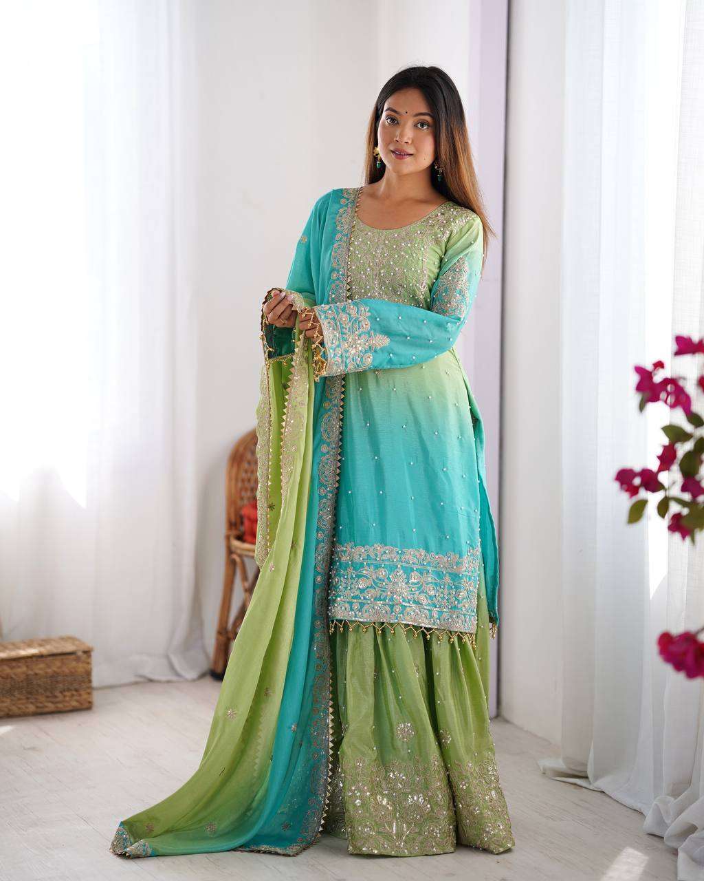 Women's Chinon Silk Sequence With Rivet Moti Work Straight Kurta With Sharara and Dupatta Set