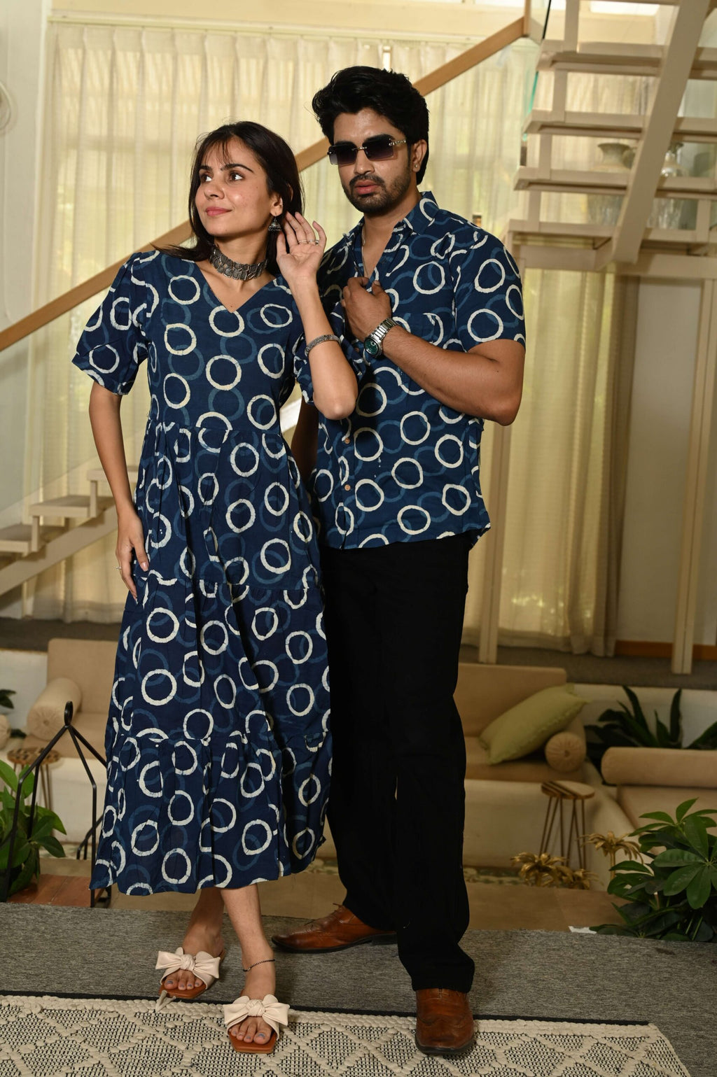 Couple Matching Navy Blue Circular Print Cotton Anarkali Midi Dress and Shirt Set