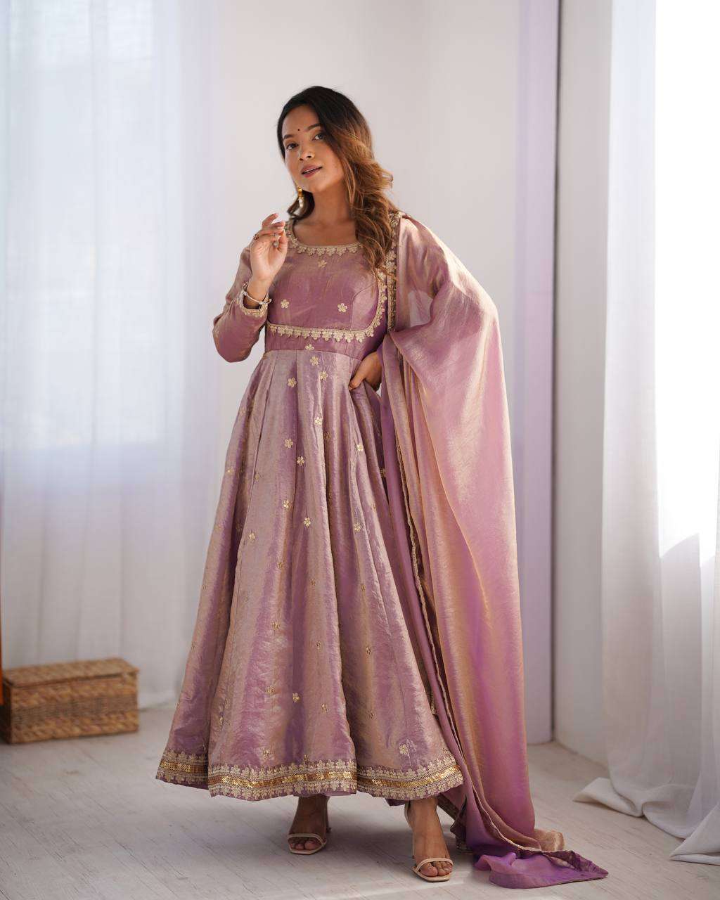 Women's Fandy Silk Coding with Sequnce work Long Anarkali Kurti Gown With Dupatta