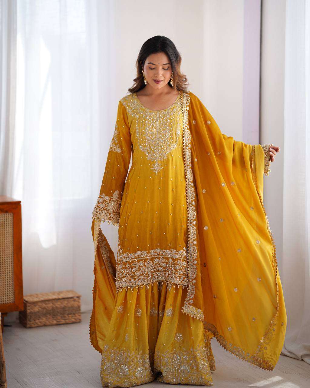 Women's Chinon Silk Sequence With Rivet Moti Work Straight Kurta With Sharara and Dupatta Set