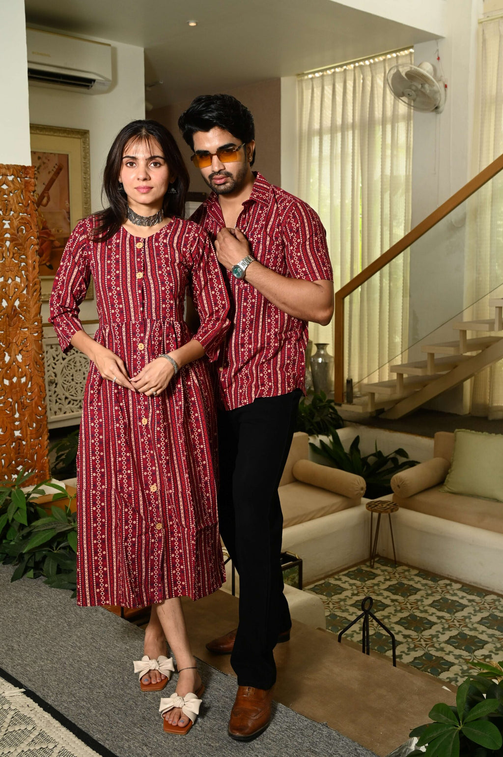 Couple Matching Maroon Cotton Anarkali Midi Dress and Shirt Set ? Vertical Stripe Ethnic Print