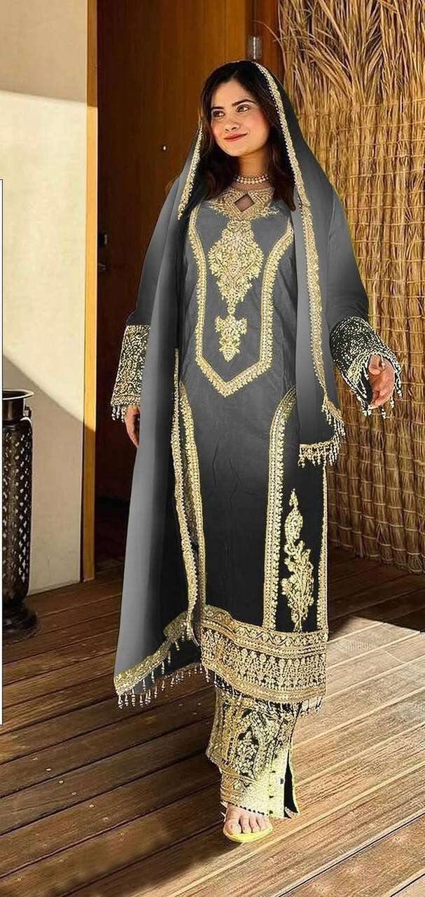 Women's Chinon Silk Embroidery Straight Pakistani Salwar Suit and Dupatta