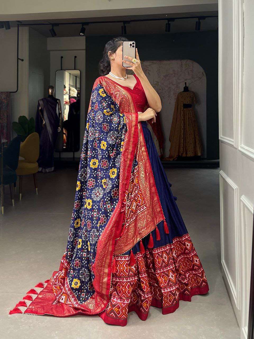 Women's Tussar Silk Patola Print Lehenga Choli Dupatta Set