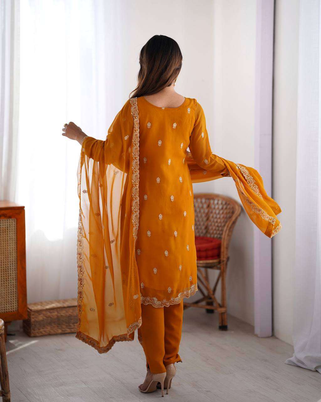 Women's Georgette Embroidery Straight Kurti with Pant And Dupatta Set