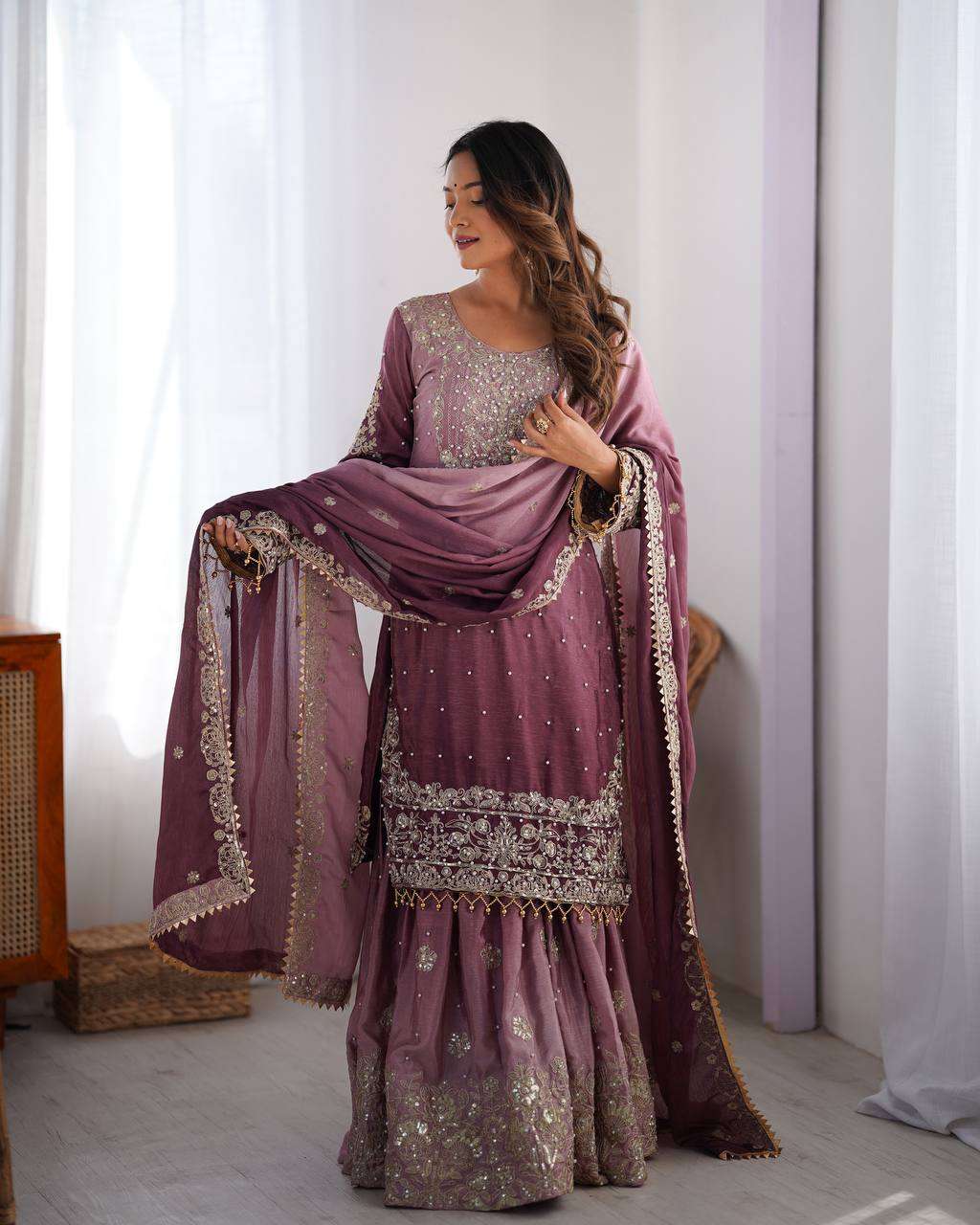 Women's Chinon Silk Sequence With Rivet Moti Work Straight Kurta With Sharara and Dupatta Set