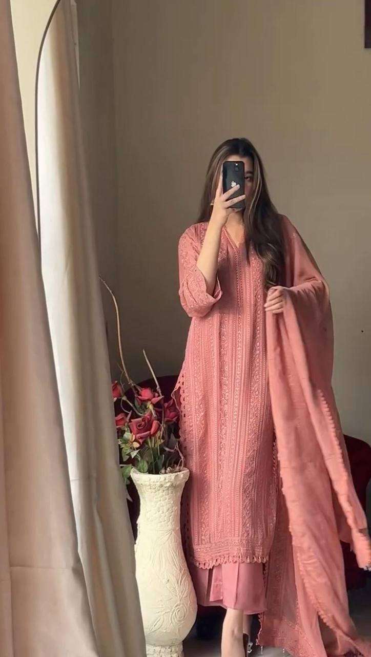 Women's Chinon Silk with Cotton Thread Embroidery Straight Kurti With Pant and Dupatta set