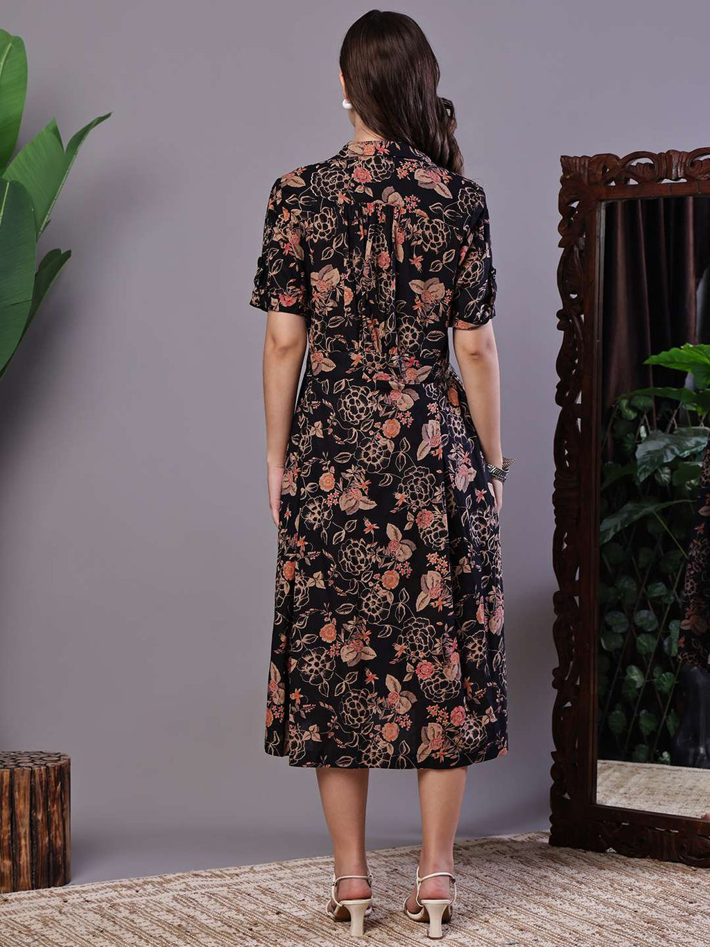 Women's Chic Black & Rust Floral Print Button-Front Midi Dress