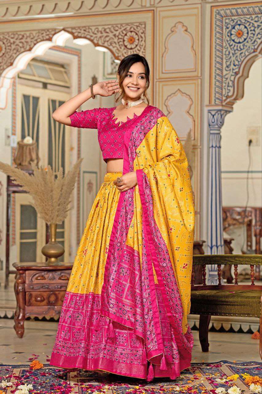 Women's Tussar Silk Patola Print Lehenga Choli Dupatta Set