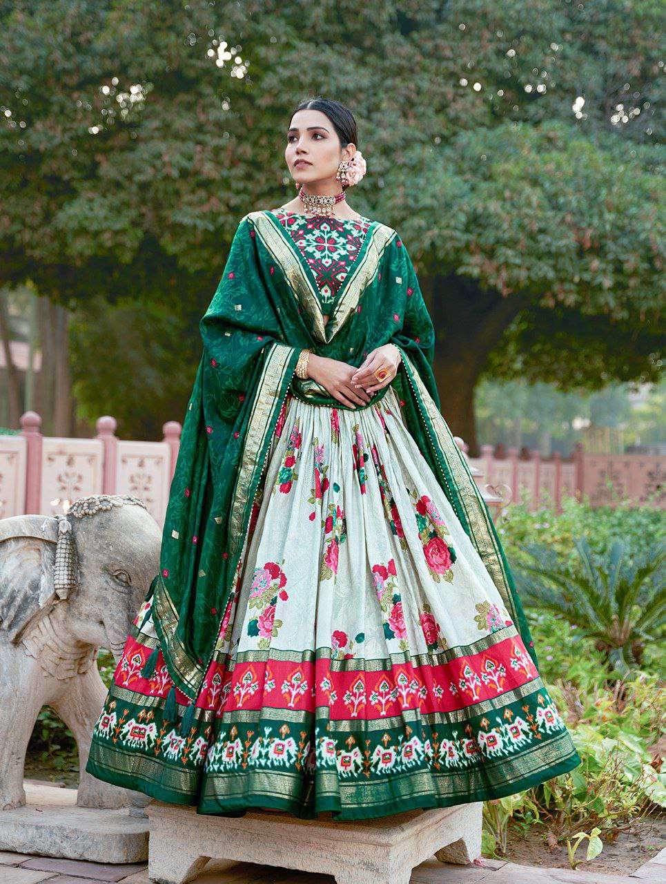 Women's Patola Print Tussar Silk Lehenga Choli Dupatta Set
