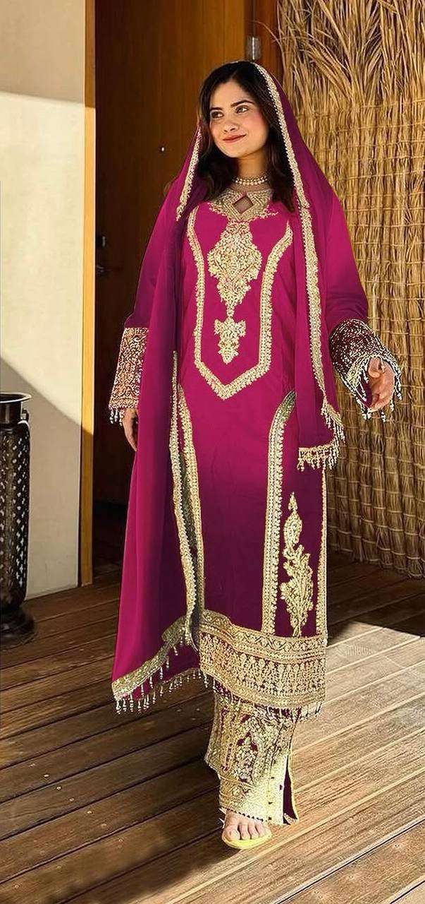 Women's Chinon Silk Embroidery Straight Pakistani Salwar Suit and Dupatta