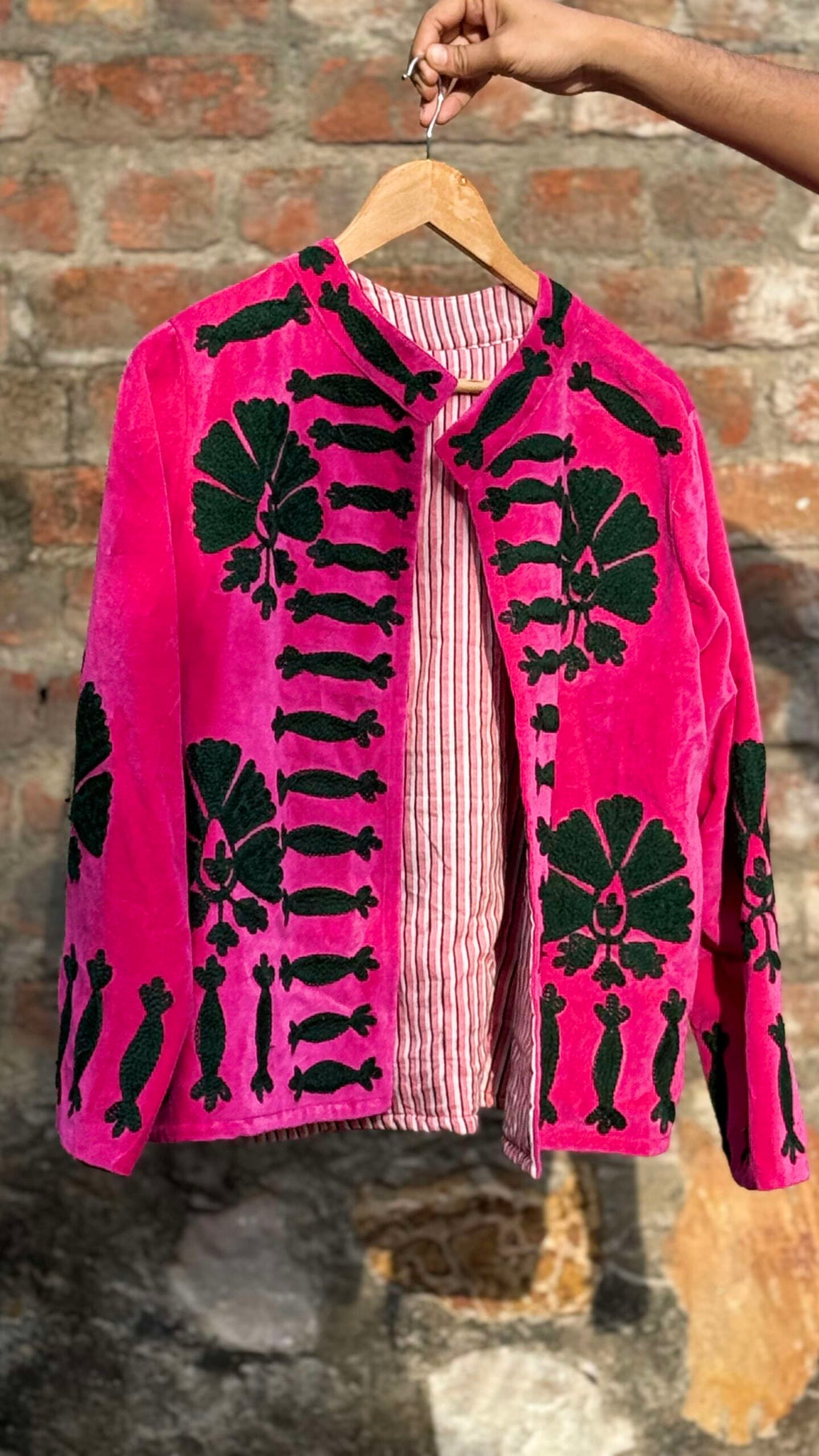 Womens Pink Velvet Embroidered Jacket with Floral Design