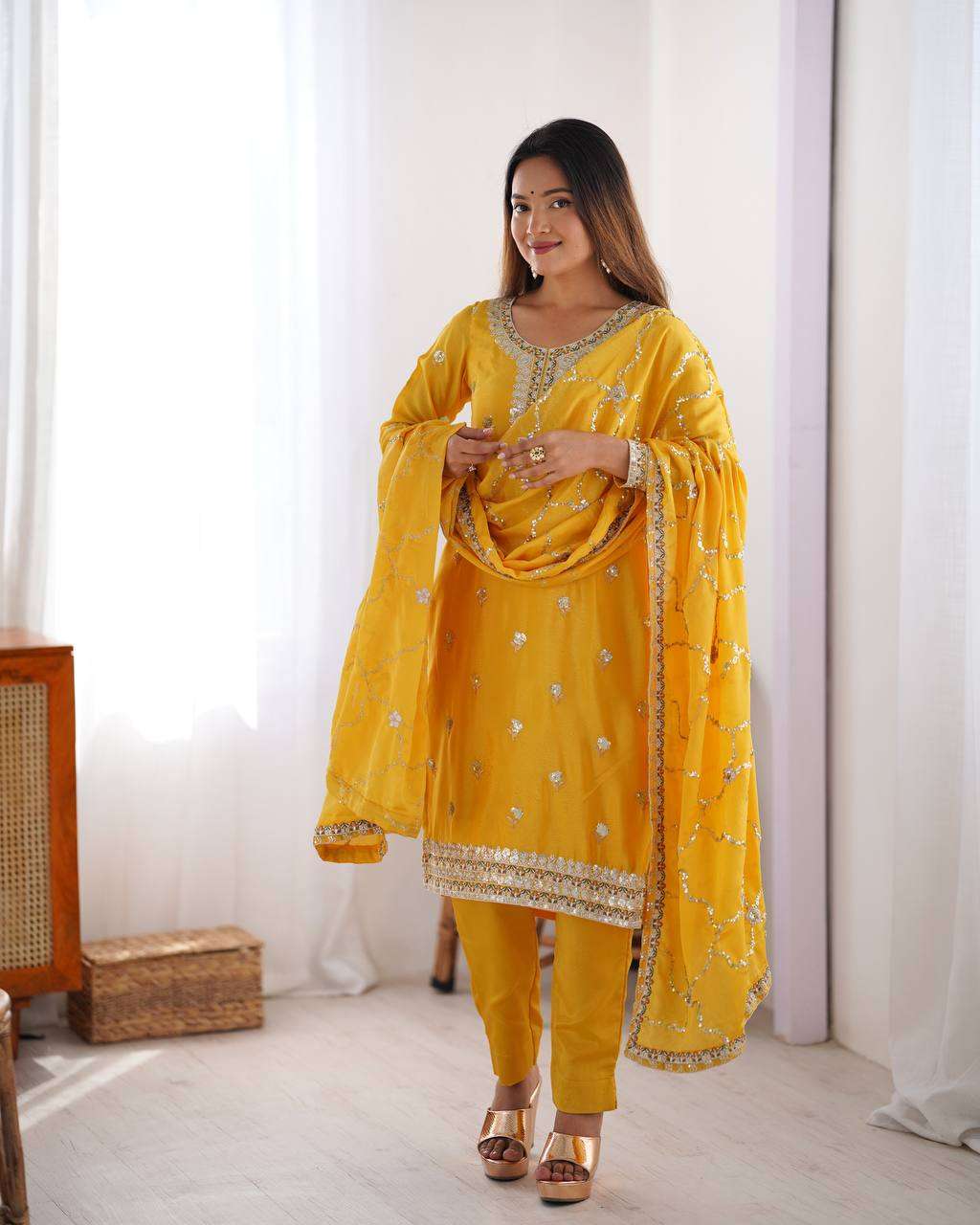 Women's Chinon Silk Embroidered Straight Kurti with Pant And Dupatta Set