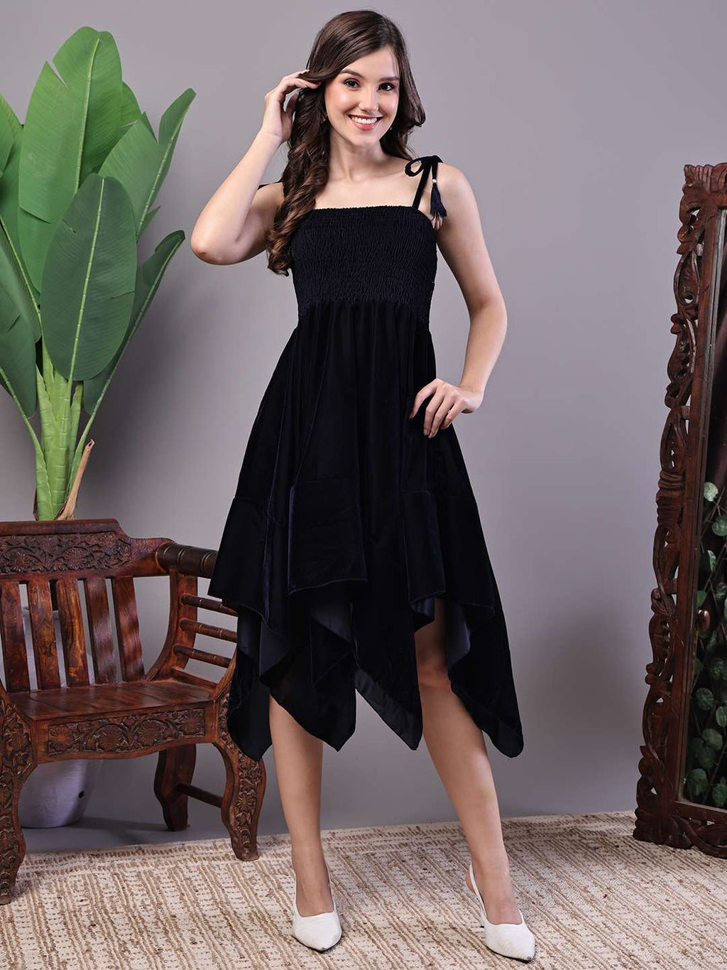 Women's Junglee Black Velvet Party Midi Dress with Asymmetrical Hemline Midi Dresses