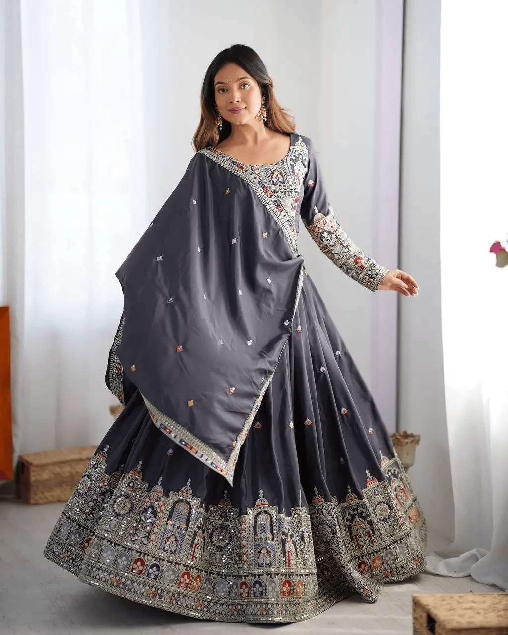 Women's Crepe Silk Sequence Embroidery and Zari Work Rajsthani Lehenga Choli with Dupatta