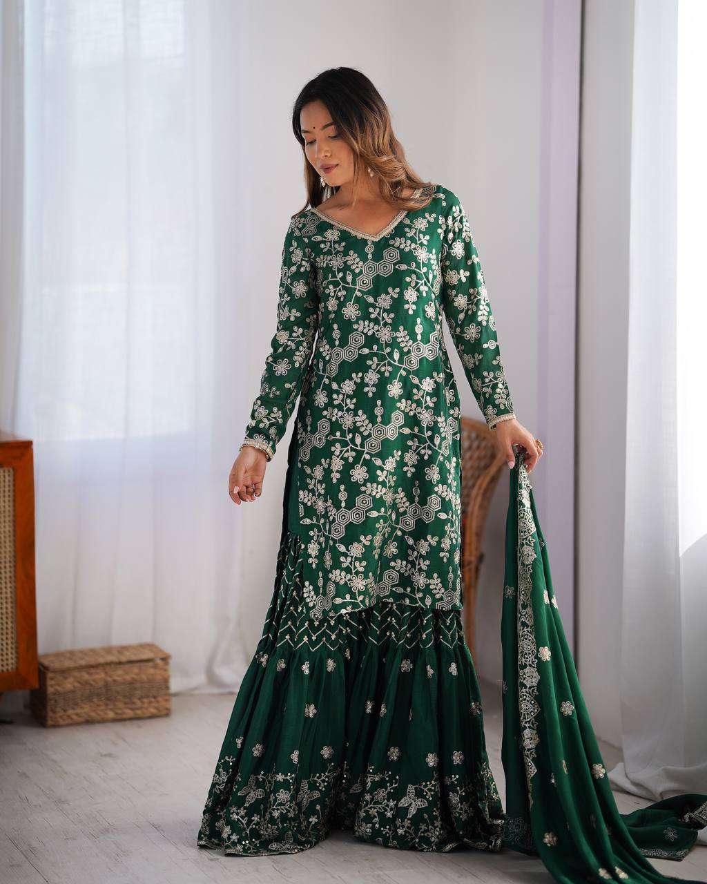 Women's Chinon Silk Embroidery Sequence Work Straight Kurti With Sharara Suit and Dupatta Set