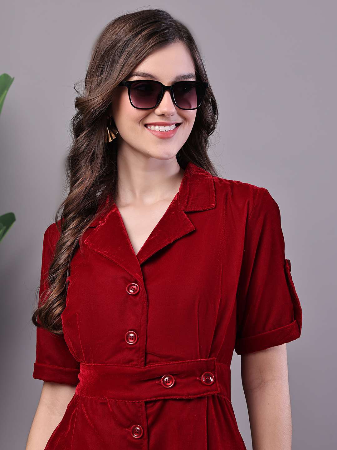 Women's Maroon Velvet Solid Printed Shirt Midi Dress with Belt