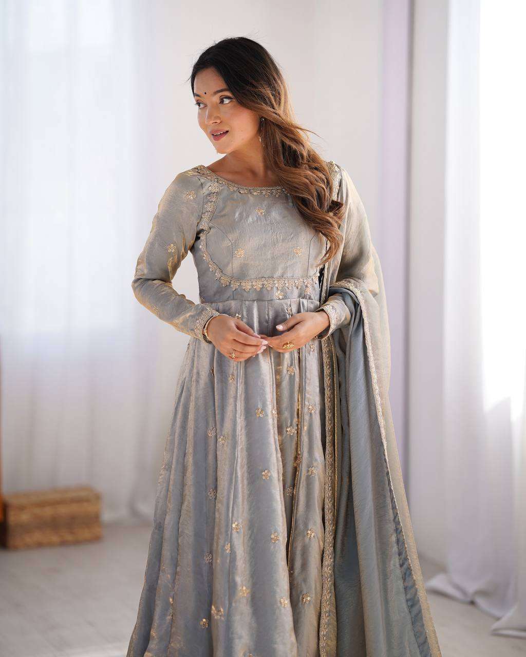 Women's Fandy Silk Coding with Sequnce work Long Anarkali Kurti Gown With Dupatta