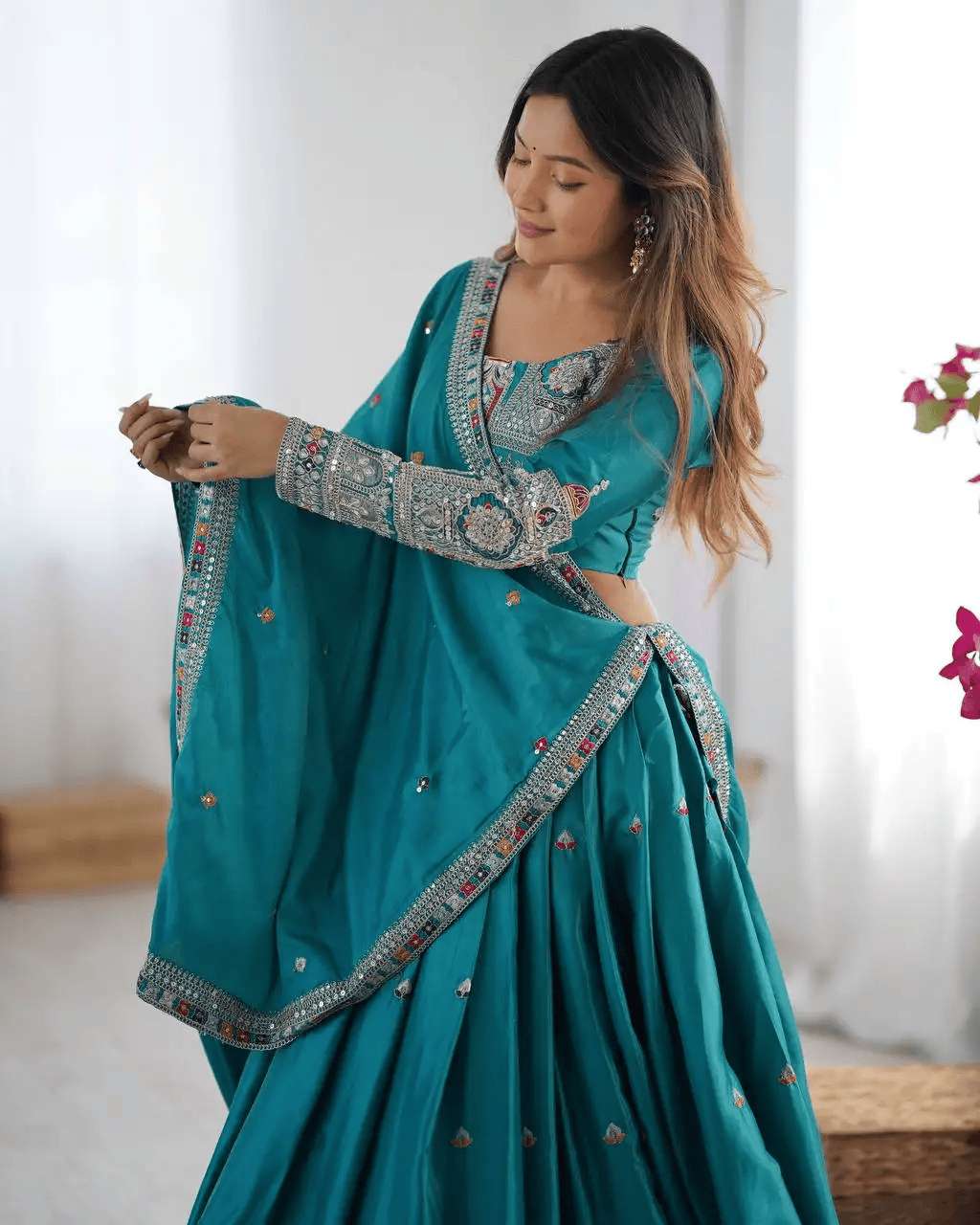 Women's Crepe Silk Sequence Embroidery and Zari Work Rajsthani Lehenga Choli with Dupatta