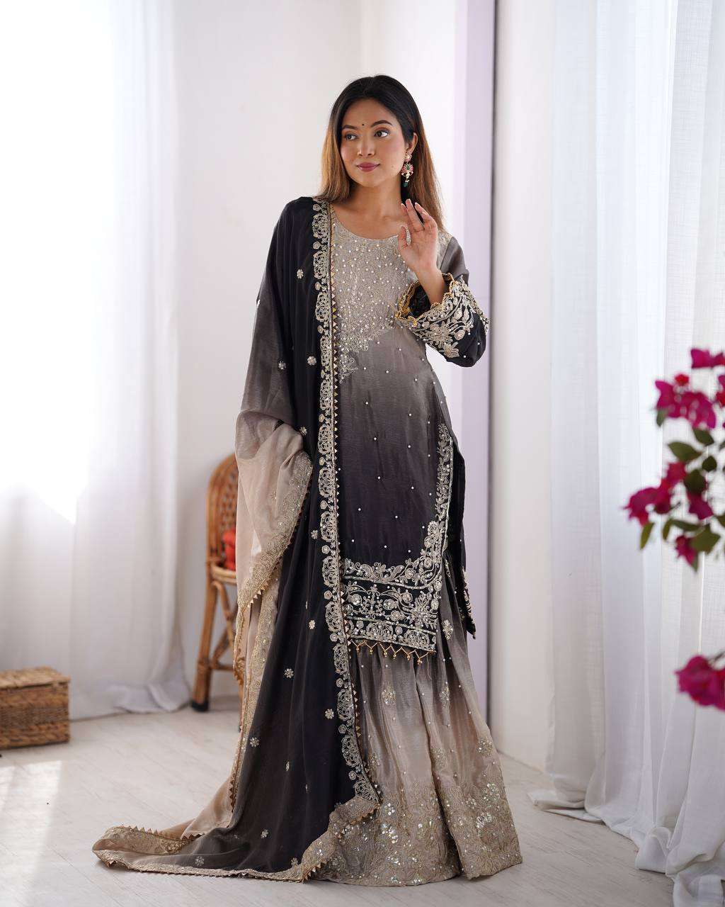 Women's Chinon Silk Sequence With Rivet Moti Work Straight Kurta With Sharara and Dupatta Set