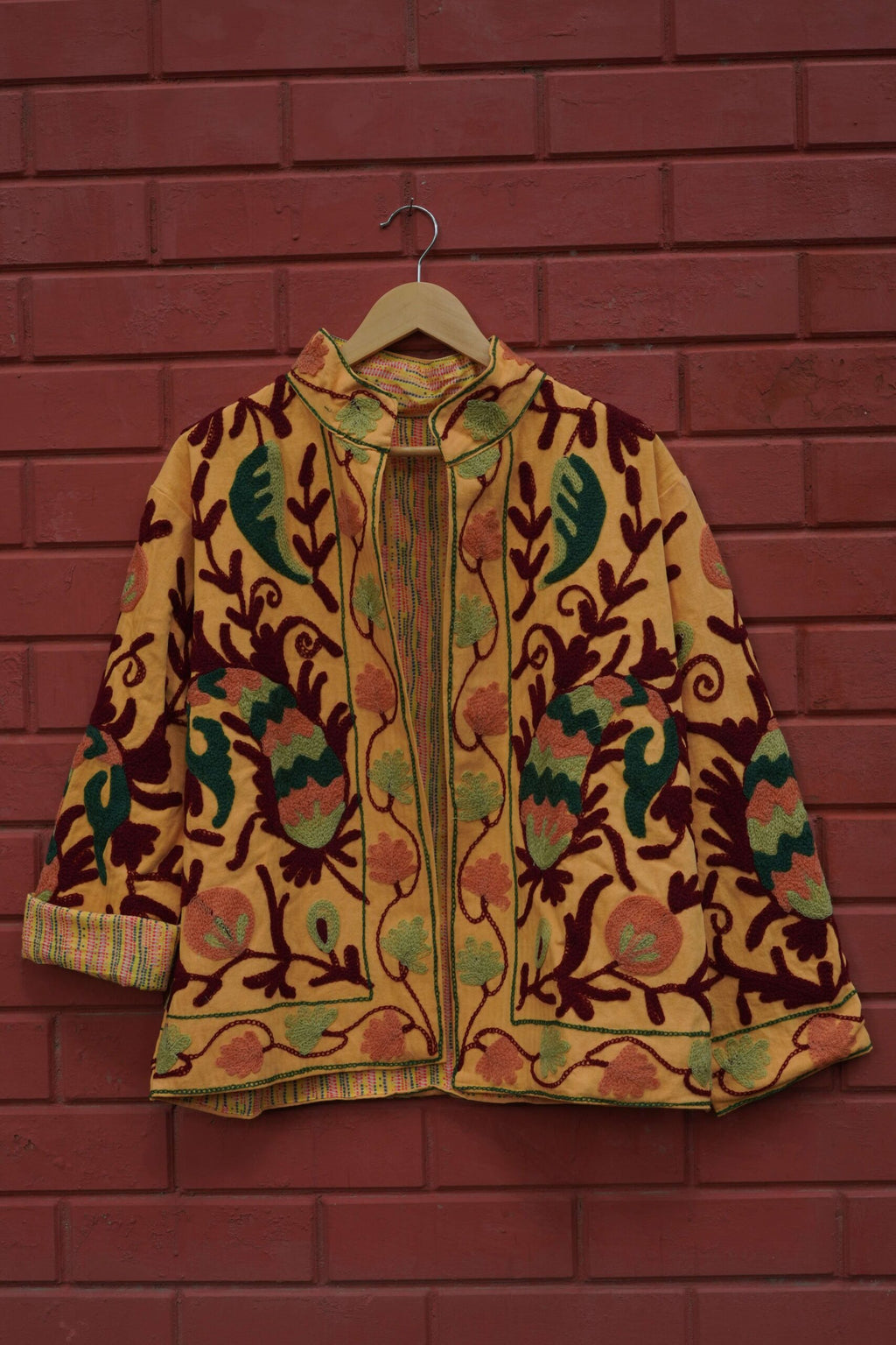 Womens Yellow Velvet Embroidered Jacket with Floral Design