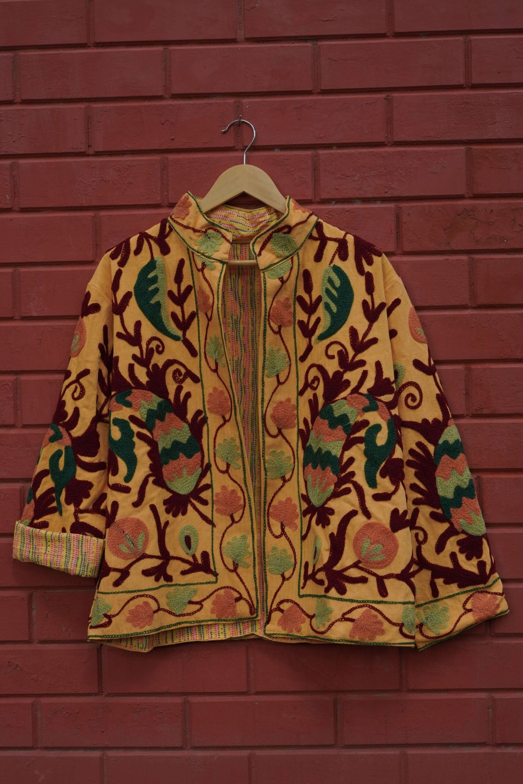 Womens Yellow Velvet Embroidered Jacket with Floral Design